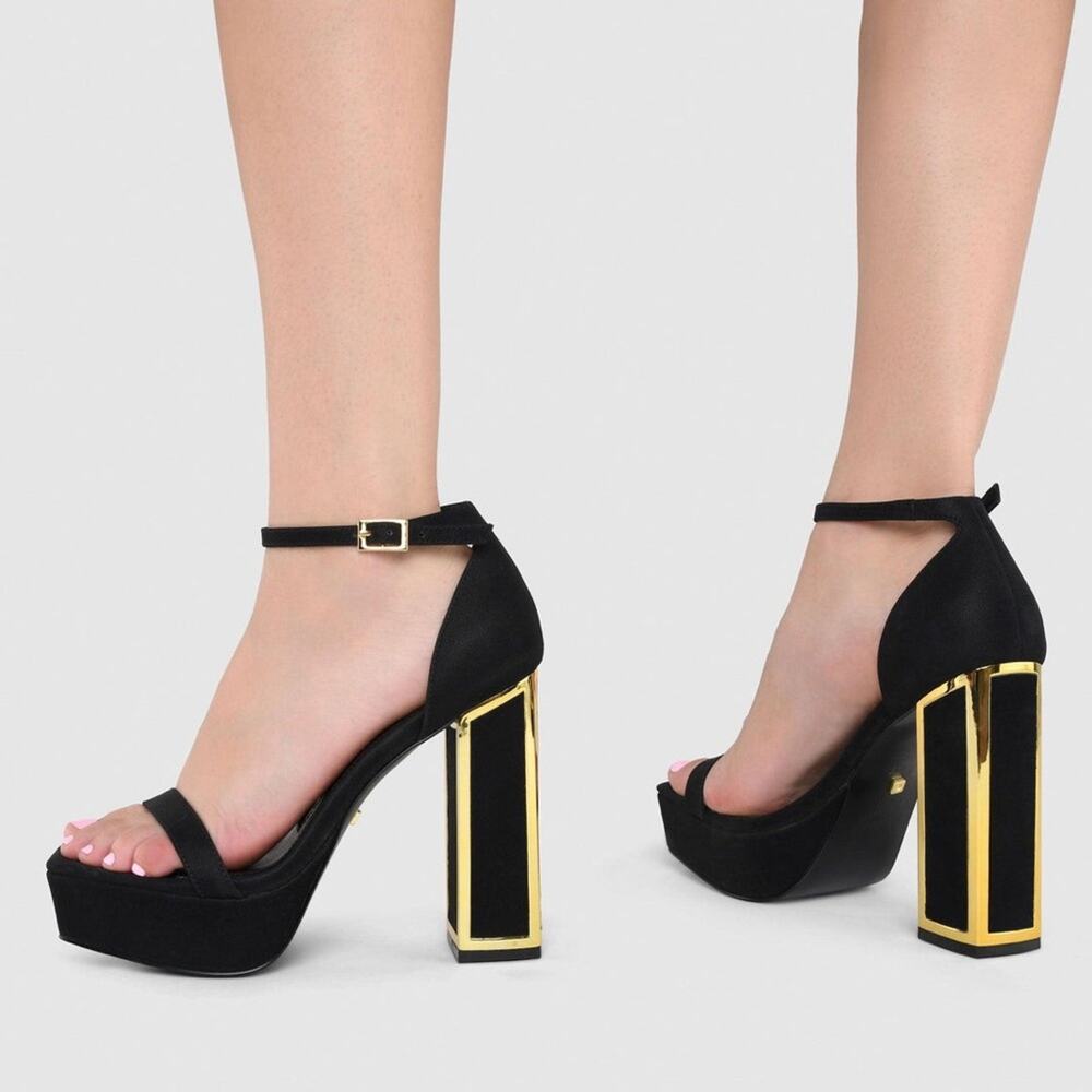 Kat Maconie Missy Black Platform Sandals Block Heel Gold Trim NWOB Sz 7.5